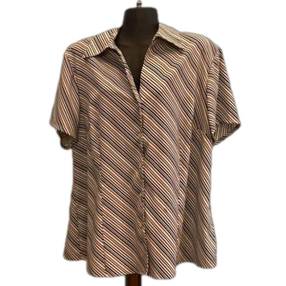 1X Worthington Easy Care Stretch black white & gold stripe button up shirt - Picture 1 of 15